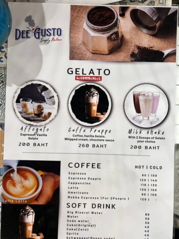 Menu of Italian cuisine and Ayurvedic sherbets at Dee Gusto Koh Phangan