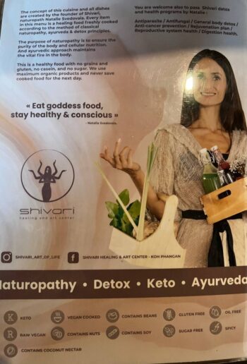 Menu at Shivari Healing & Art Center featuring raw and vegan dishes