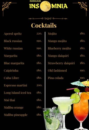 Cocktails and beers at Insomnia Bar Koh Phangan