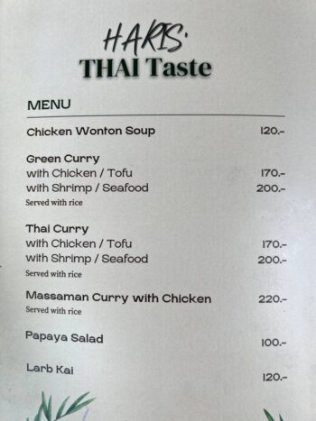 Restaurant menu dishes on Koh Phangan — Thai and international cuisine