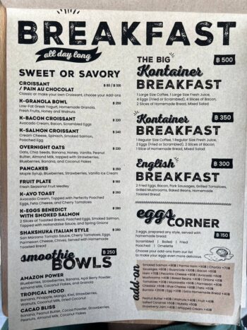 Kontainer Coffee & Restaurant menu dishes on Koh Phangan