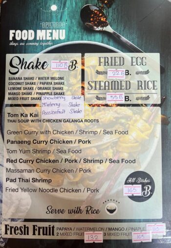 Apichada Viewpoint Koh Phangan menu with Thai and international dishes