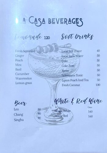 La Casa Tropicana Koh Phangan menu with Thai and international dishes