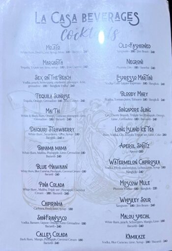 La Casa Tropicana Koh Phangan menu with Thai and international dishes