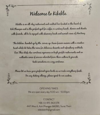 Kikekla Bar & Restaurant menu with Thai and international dishes