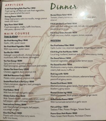 Kikekla Bar & Restaurant menu with Thai and international dishes