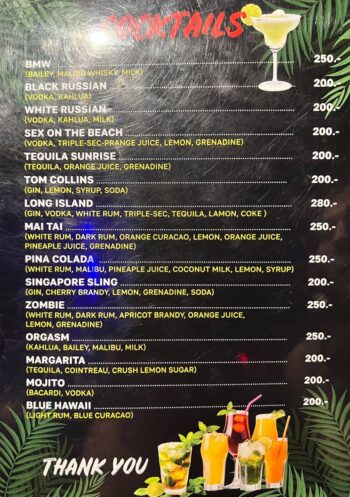 Drinks and cocktails at Rainbow Tree House beach bar Haad Rin