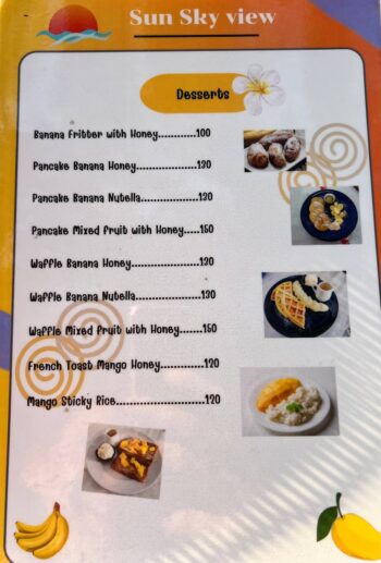 Sun Sky View Koh Phangan menu — food and drink selection at the viewpoint restaurant