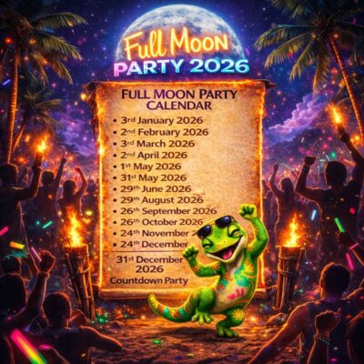 Full Moon Party on Koh Phangan at Haad Rin Beach with neon lights, beach crowd, DJs, and fire show