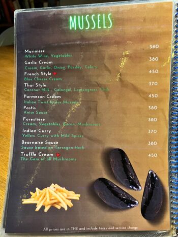 Belgian Beer Bistro Koh Phangan menu with mussels, pasta and European dishes