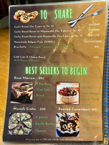 Belgian Beer Bistro Koh Phangan menu with mussels, pasta and European dishes