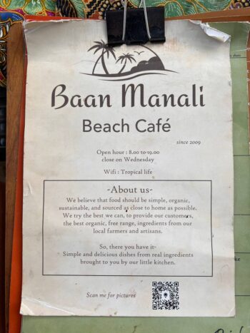 Baan Manali Beach Café Koh Phangan menu with breakfast and beach food