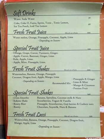 Baan Manali Beach Café Koh Phangan menu with breakfast and beach food