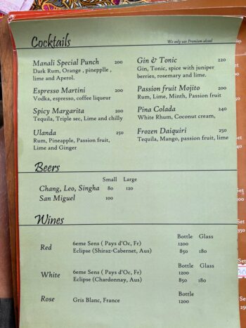 Baan Manali Beach Café Koh Phangan menu with breakfast and beach food