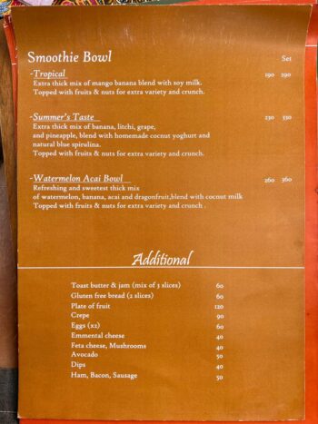 Baan Manali Beach Café Koh Phangan menu with breakfast and beach food