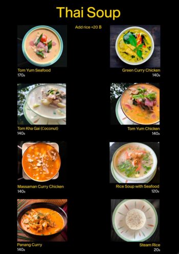Menu items at Polly’s Kitchen café, offering a variety of breakfasts, pastries, and healthy meals on Koh Phangan.