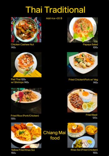 Menu items at Polly’s Kitchen café, offering a variety of breakfasts, pastries, and healthy meals on Koh Phangan.