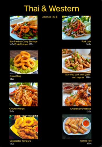 Menu items at Polly’s Kitchen café, offering a variety of breakfasts, pastries, and healthy meals on Koh Phangan.