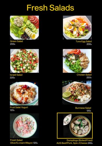 Menu items at Polly’s Kitchen café, offering a variety of breakfasts, pastries, and healthy meals on Koh Phangan.
