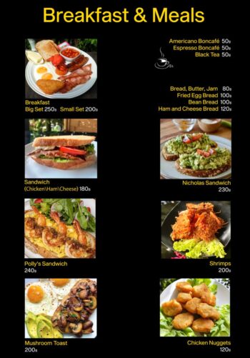 Menu items at Polly’s Kitchen café, offering a variety of breakfasts, pastries, and healthy meals on Koh Phangan.