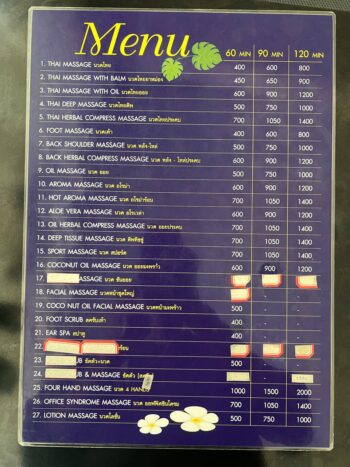 massage price list Koh Phangan spa services cost