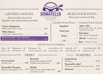 Donatello Pizza and Pasta menu on Koh Phangan