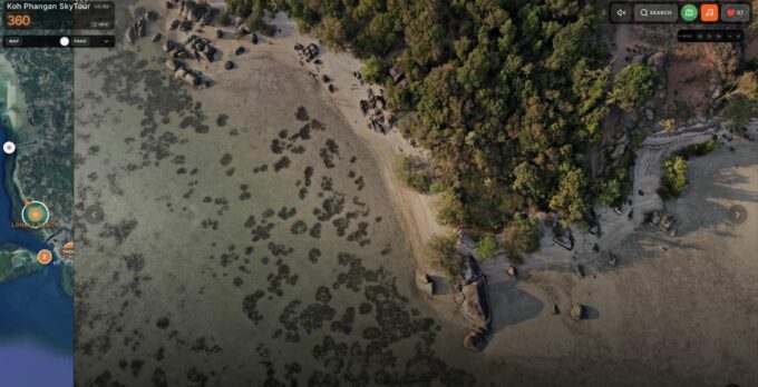 Interactive Phangan 360 map interface with panoramic locations, beaches, viewpoints, resorts and island navigation tools