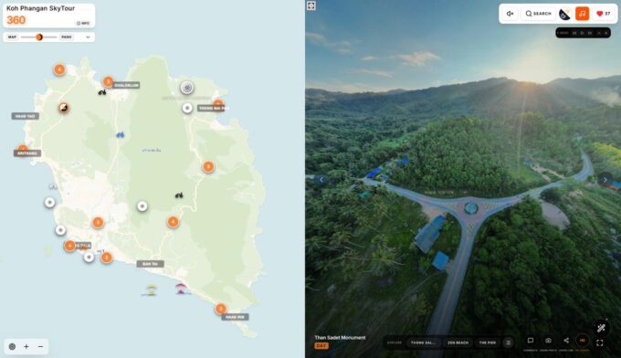 Interactive Phangan 360 map interface with panoramic locations, beaches, viewpoints, resorts and island navigation tools