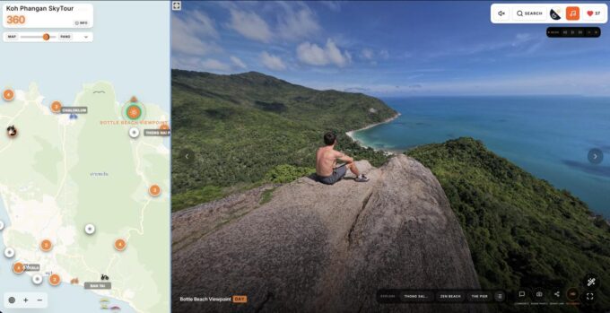 Interactive Phangan 360 map interface with panoramic locations, beaches, viewpoints, resorts and island navigation tools