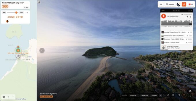 Interactive Phangan 360 map interface with panoramic locations, beaches, viewpoints, resorts and island navigation tools