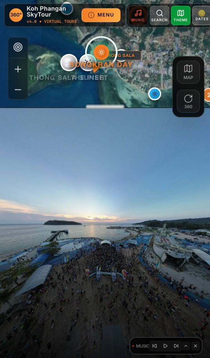 Interactive Phangan 360 map interface with panoramic locations, beaches, viewpoints, resorts and island navigation tools