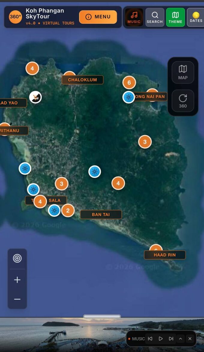 Interactive Phangan 360 map interface with panoramic locations, beaches, viewpoints, resorts and island navigation tools