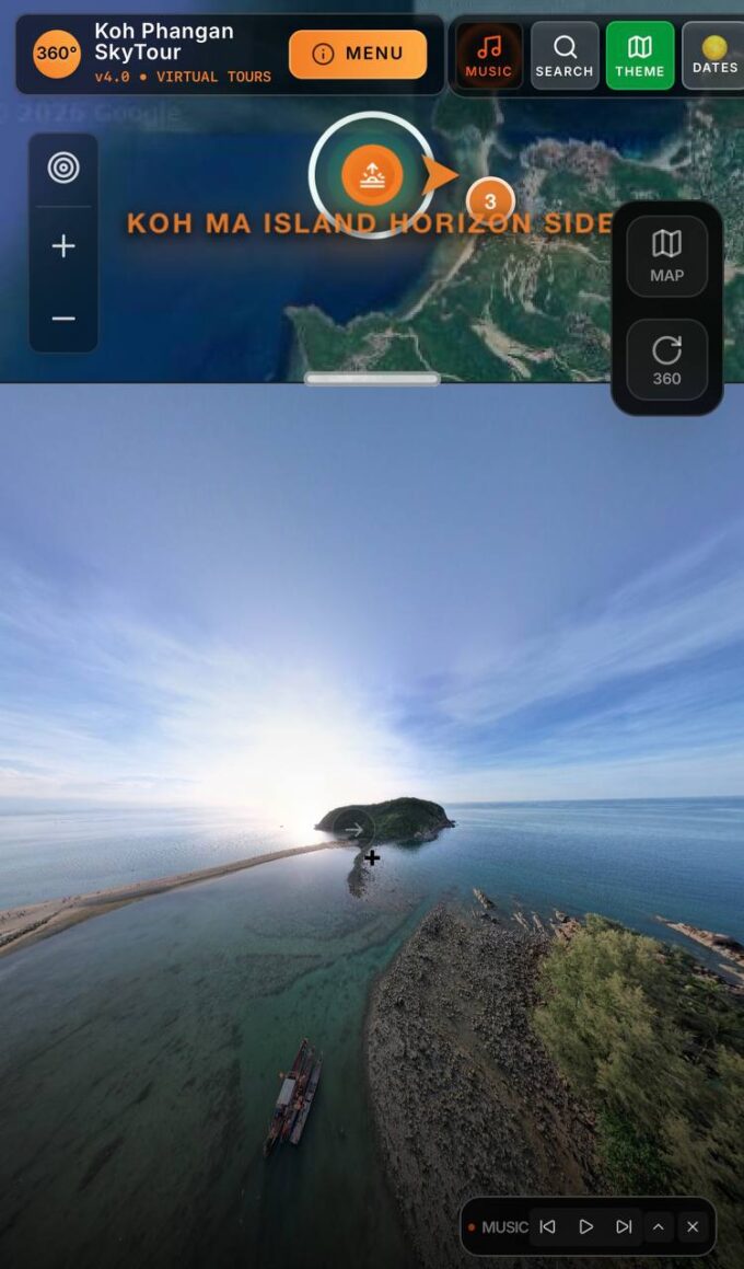 Interactive Phangan 360 map interface with panoramic locations, beaches, viewpoints, resorts and island navigation tools