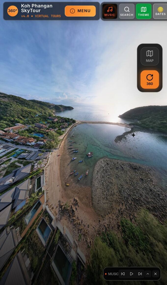 Interactive Phangan 360 map interface with panoramic locations, beaches, viewpoints, resorts and island navigation tools