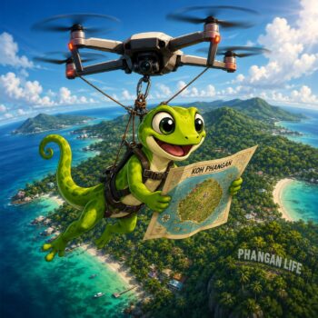 Interactive drone map of Koh Phangan featuring aerial views, panoramic locations, beaches, mountains and island landmarks