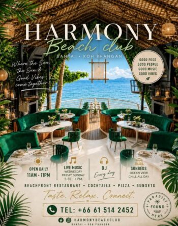 Harmony Beach Club Koh Phangan with sunbeds, cocktails, and sunset view