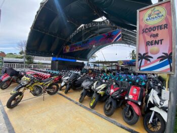 Modern rental scooters parked in Thong Sala, Koh Phangan