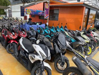 Modern rental scooters parked in Thong Sala, Koh Phangan