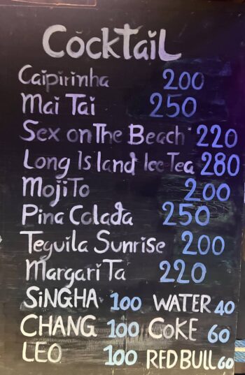 Cocktails and beverages at Reggae Sunset Bar on Koh Phangan