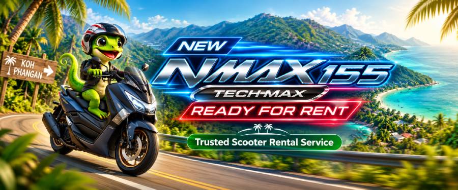 Brand-new Yamaha NMAX 155 Tech MAX 2026 scooter rental in Koh Phangan, Thailand – premium motorbike hire at Polly's Scooter Rental